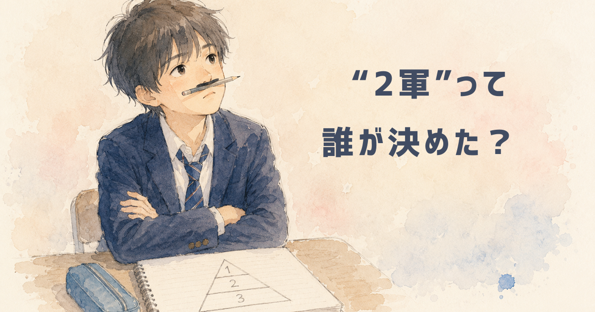 中学生の男の子がノートにピラミッドの絵を描きながら考えている様子。スクールカーストや「自分は2軍」と感じる心理をイメージしたイラスト