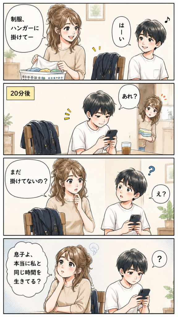 制服を掛けるよう言われた中学生が20分後も動かず、母親が親子の時間感覚の違いに困惑する4コマ漫画。