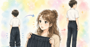 中学生の制服を買い替えた体験談をイメージした水彩イラスト。ブカブカだった小学生時代の制服と、中学生になってサイズアップした制服を見比べる母親。