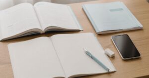 中学生の勉強机に置かれたノートや問題集、スマートフォン