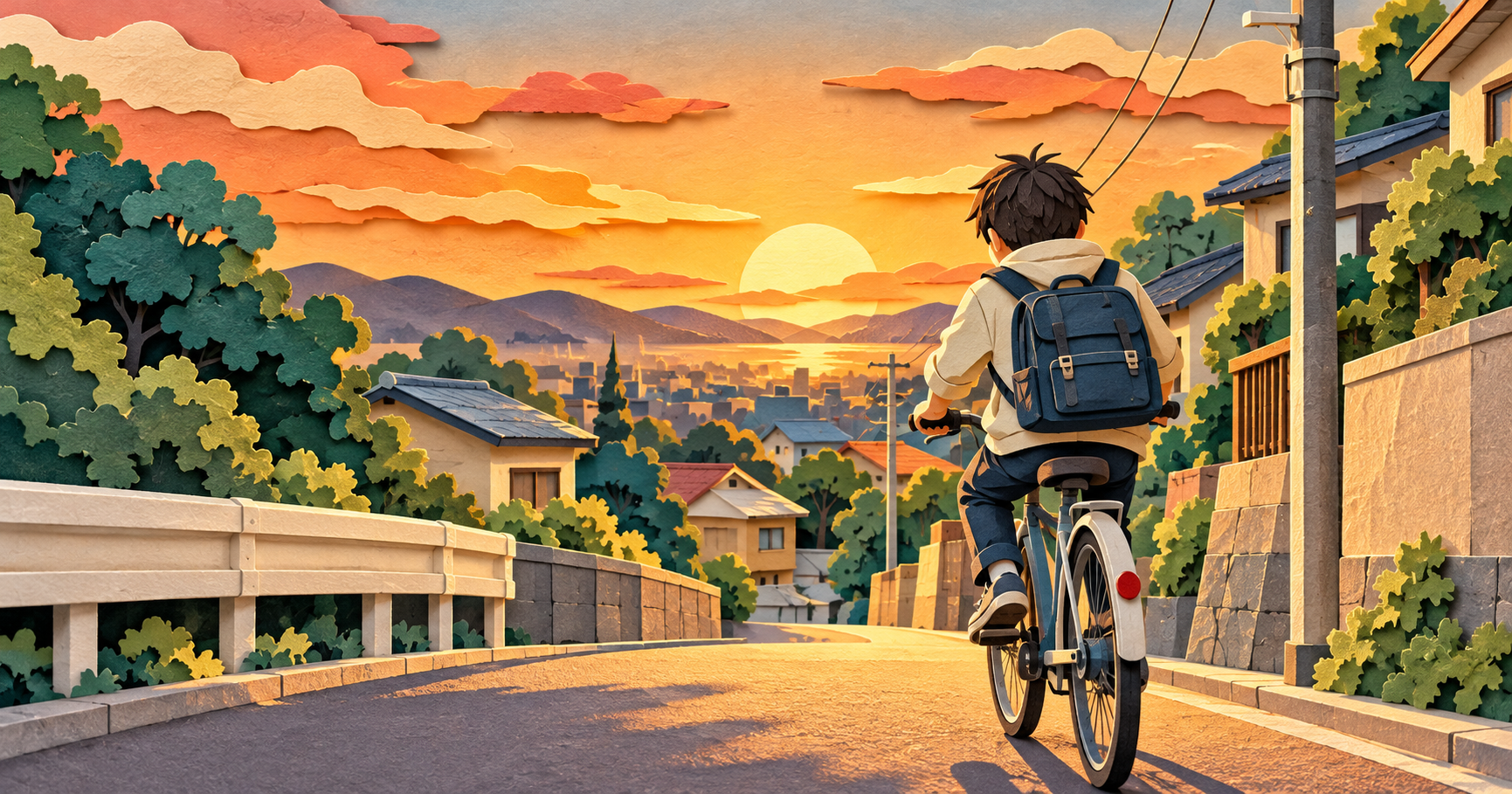 テスト前日の夕方、住宅街を自転車で遊びに出かける中学生の息子を描いた切り絵風イラスト